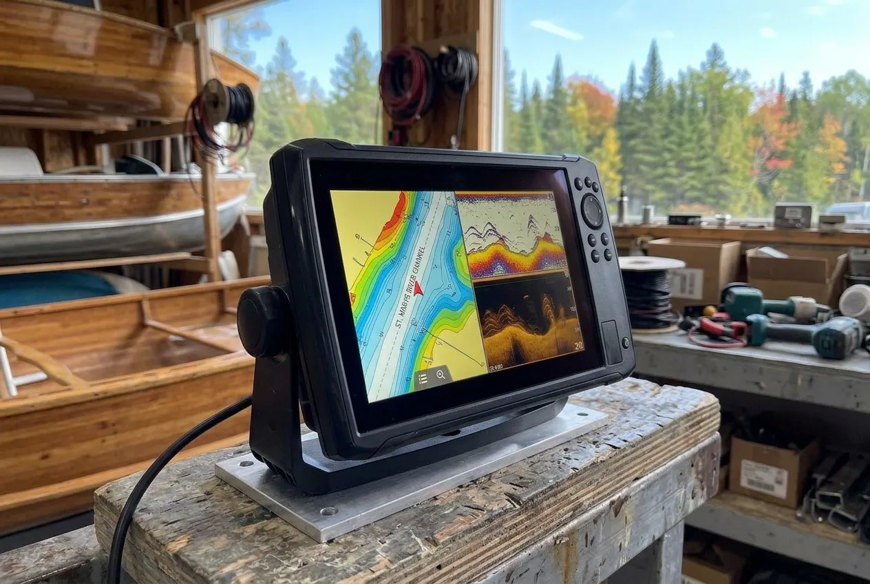 A hand adjusting the zoom and range settings on a marine chartplotter mounted at a boat helm