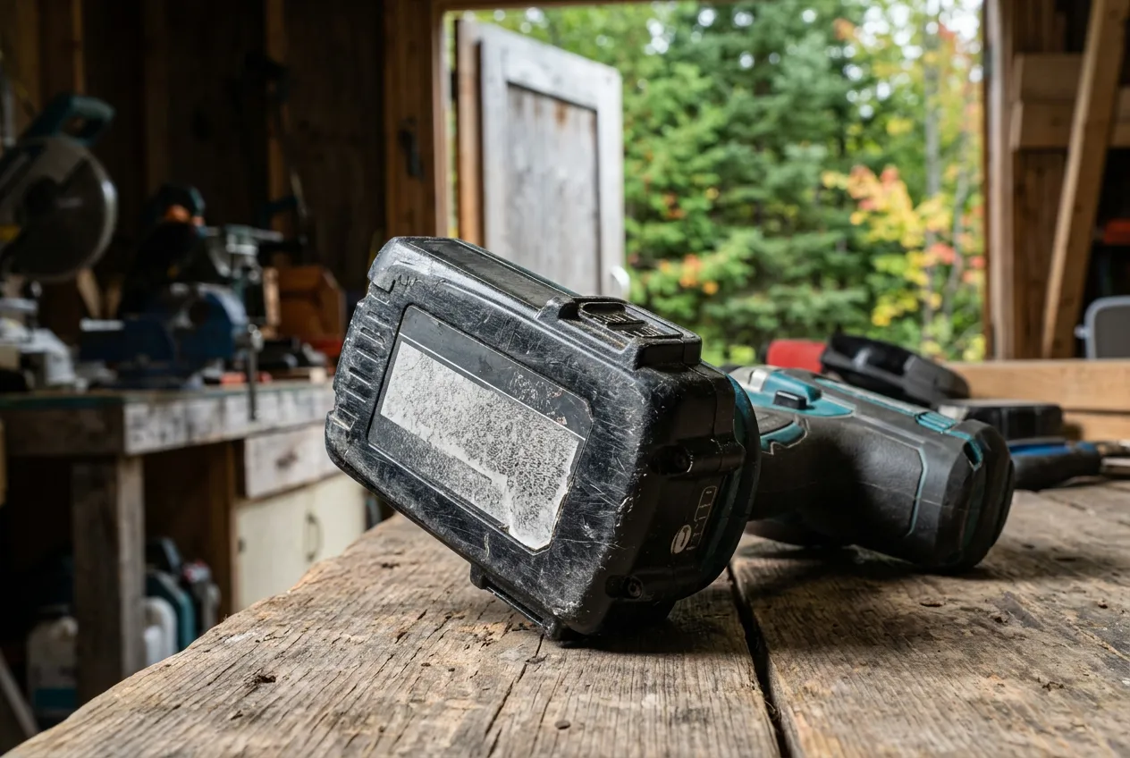 A cordless tool battery pack seated in its charger on a workbench, with charge indicator lights lit.