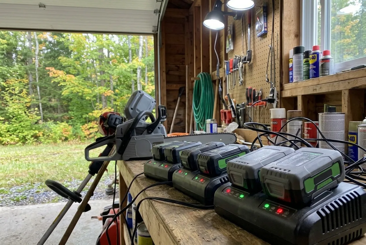 A cordless chainsaw and a cordless leaf blower resting side by side on grass with their battery packs installed.