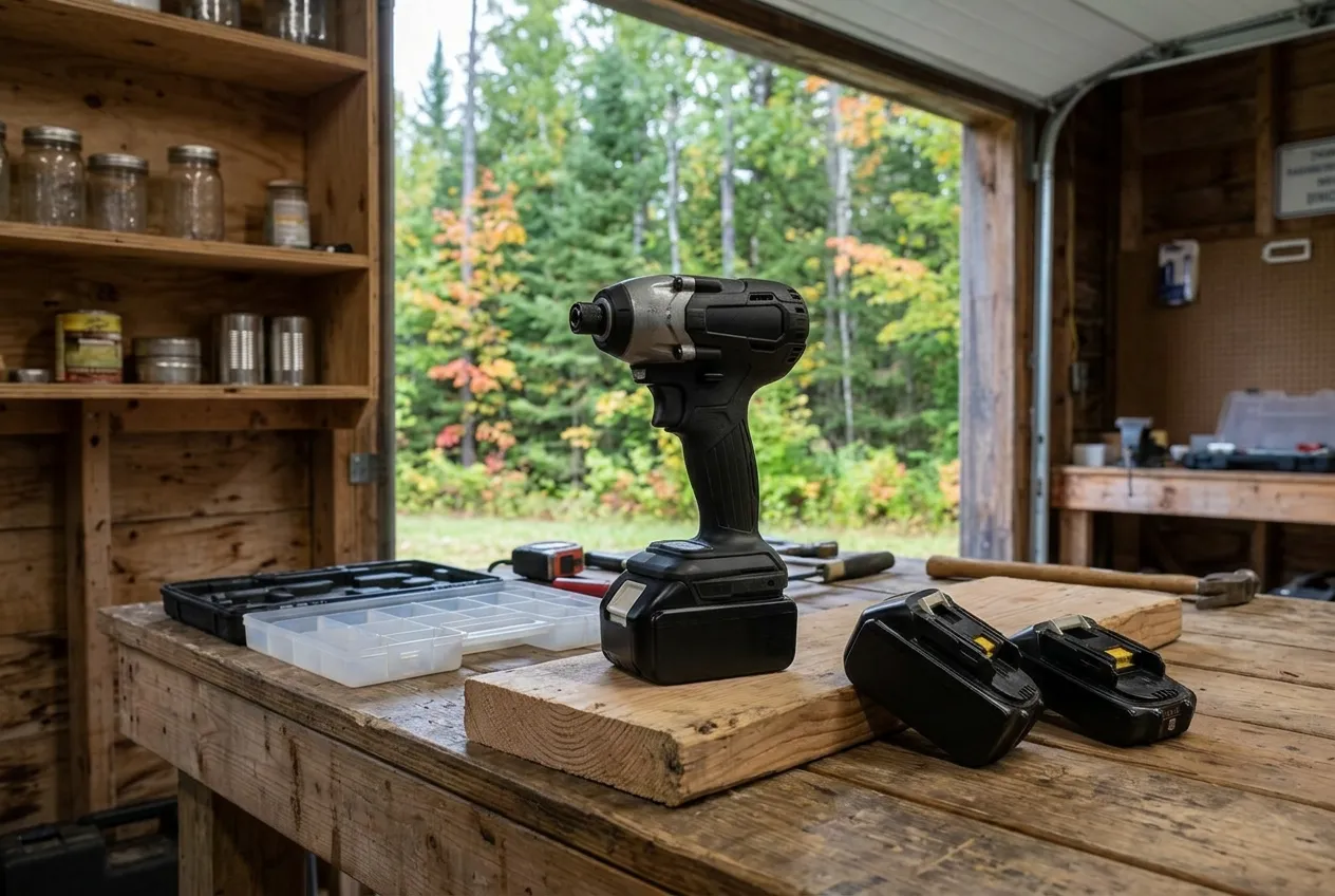 A cordless equipment battery pack sitting on a workbench in a cold garage during winter storage.