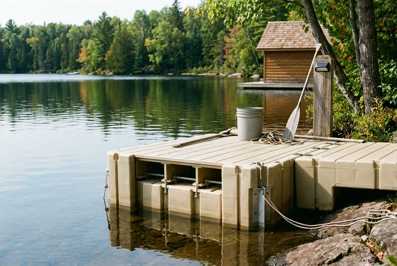 A modular floating dock system riding at the waterline along a rocky lake shoreline