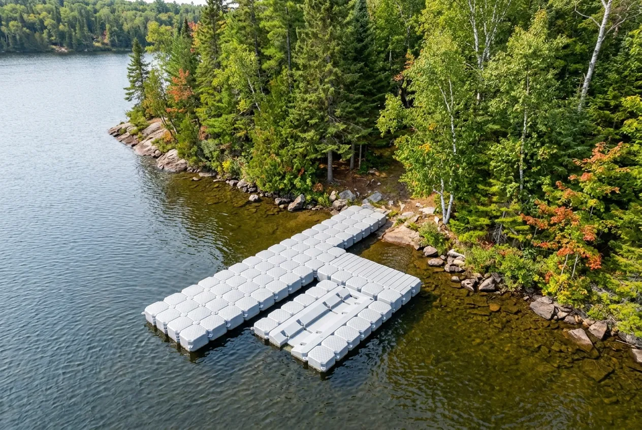 A floating dock section being pulled out of the water onto a shoreline for winter storage